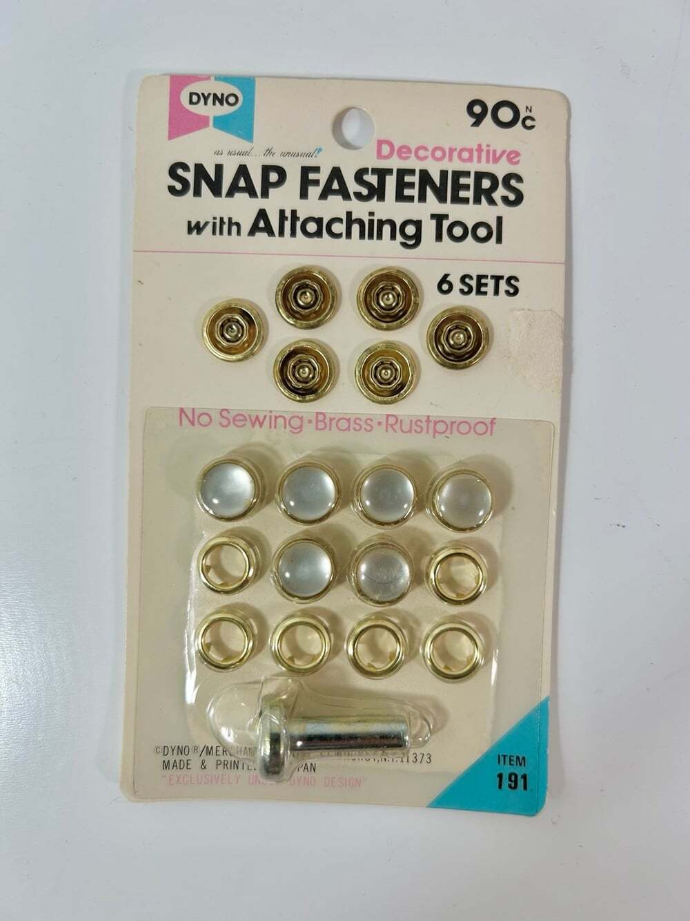 Vintage Snap Fasteners pearl and brass with attaching tool 6 sets Dyno
